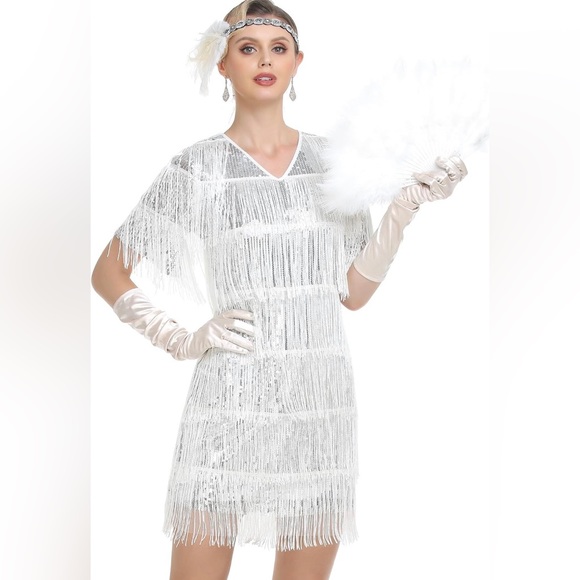 SILVER & WHITE Fringe Elegant & Fancy Dress. A Party Dress & A Costume Gown - Picture 6 of 8